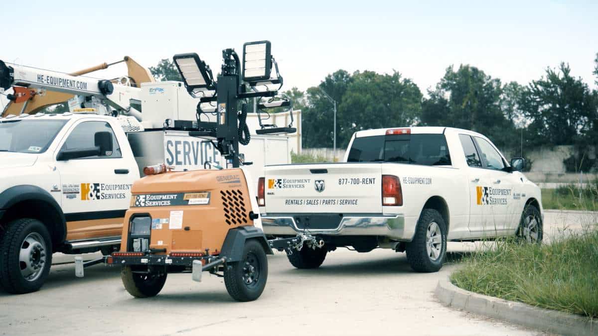 Truck with light tower rental equipment