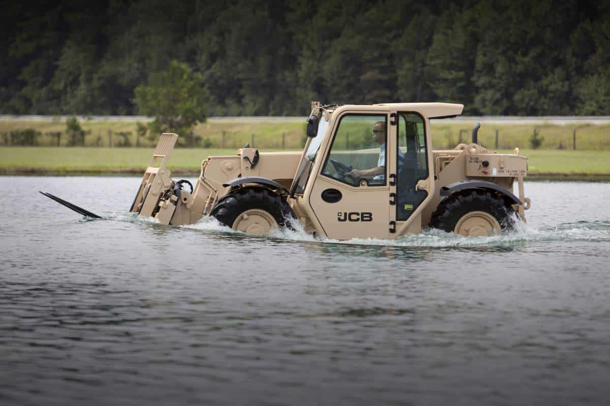 JCB's Light Capability Rough Terrain Forklift (LCRTF) wading through water